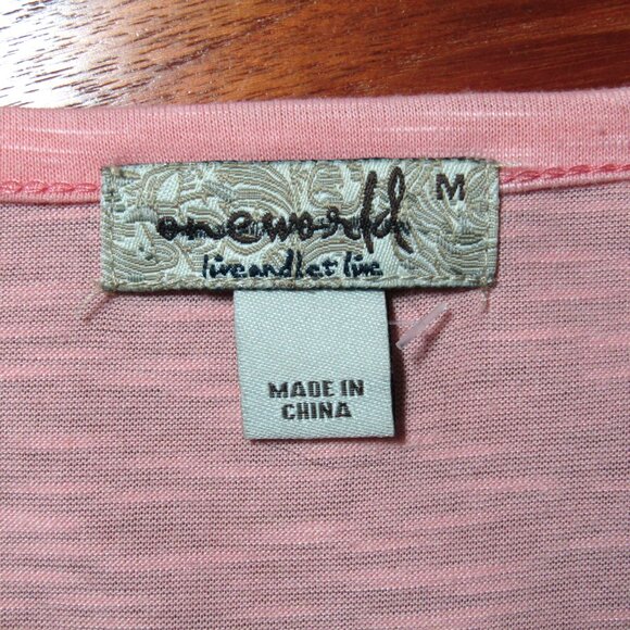 One World Live And Let Live Peach Floral Top Women Size M Twist Front 3/4 Sleeve - Picture 5 of 8